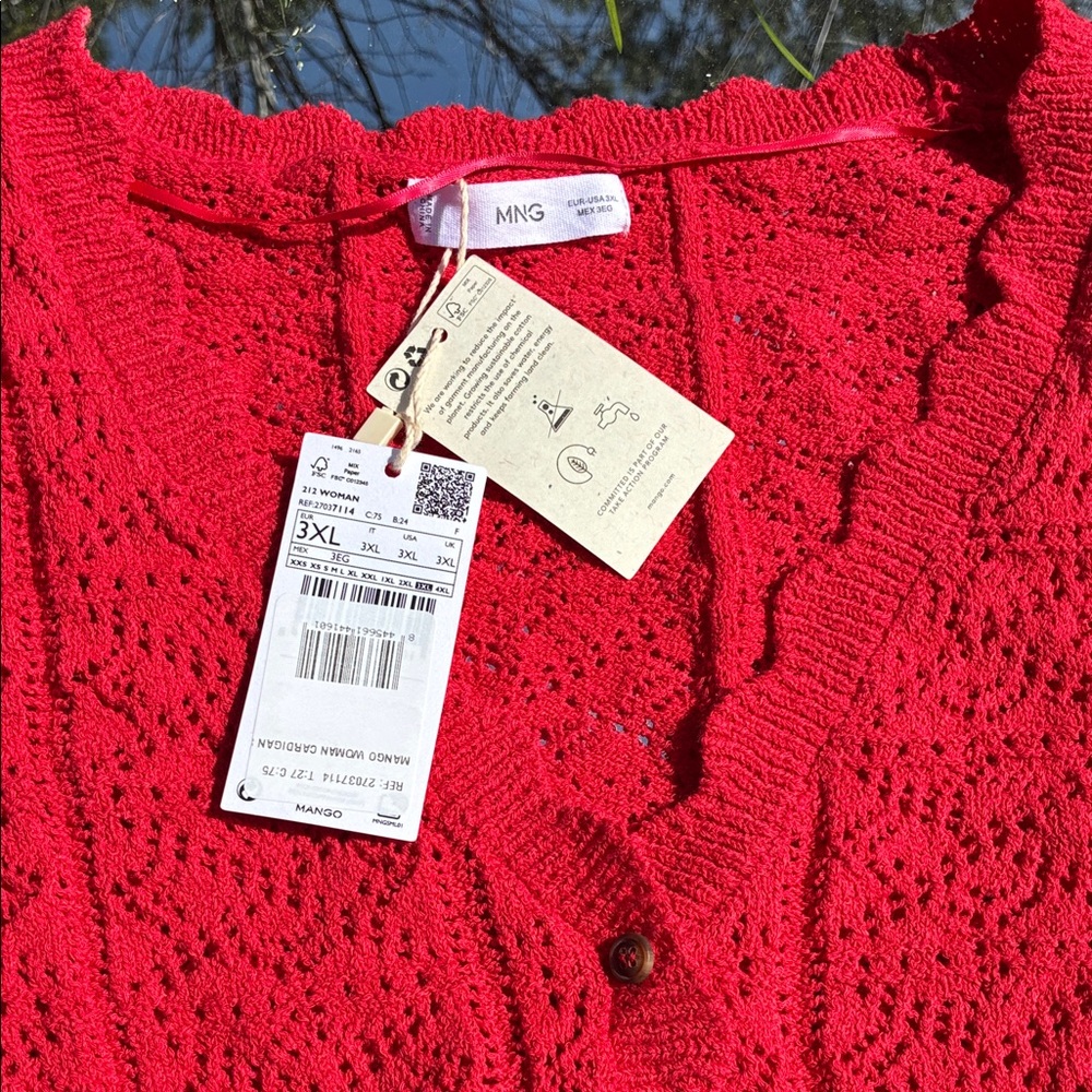 Mango Bright Red Openwork Button-Front Cardigan - Picture 2 of 5